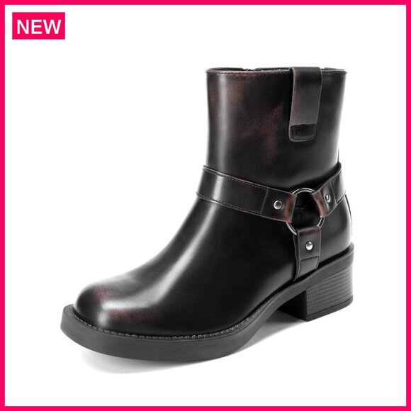 Shoes - Women's Ankle Booties Motorcycle Boots Chunky Heel Side Zipper Buckles